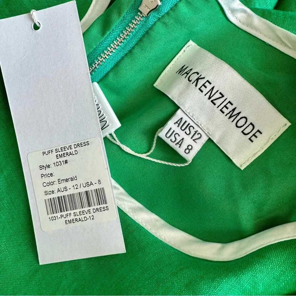 NWT MACKENZIEMODE Puff Sleeve Tiered Maxi Dress in Emerald Size 8 - Picture 9 of 16